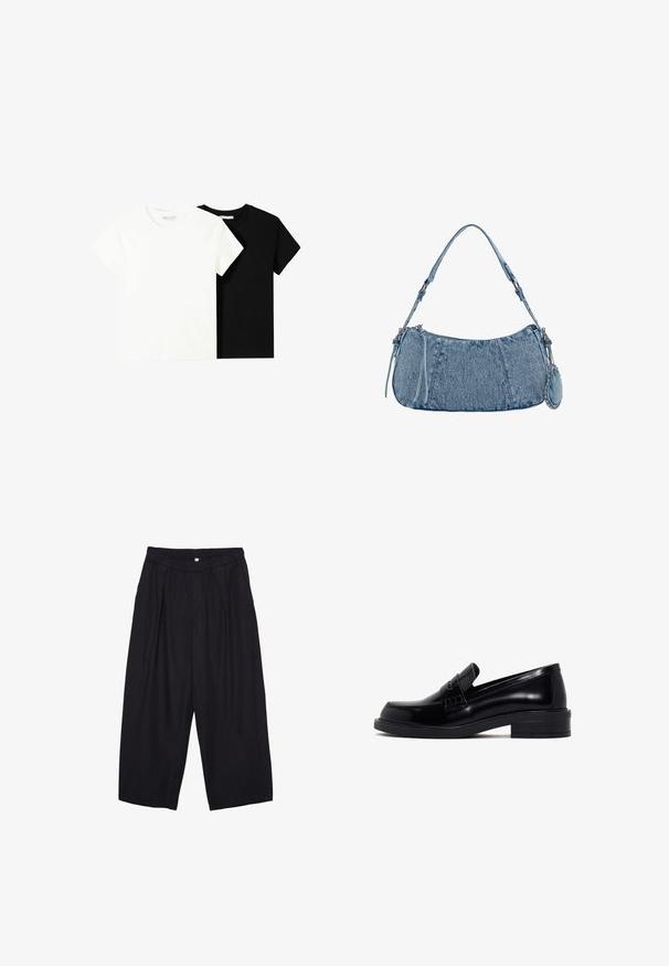 Dwa t-shirty z krótkim rękawem, jeden biały i jeden czarny, wykonane z bawełny. Oba mają okrągły dekolt i prosty, klasyczny design.; Czarne spodnie culotte z poliestru z elastycznym pasem, dwoma fałdami z przodu i luźnym krojem. Brak widocznych wzorów lub elementów metalowych.; Czarne skórzane mokasyny o gładkim wykończeniu, zaokrąglonym nosku, niskim obcasie w kształcie bloku oraz dekoracyjnym pasku na górze. Teksturowane detale po bokach.; Dżinsowa torba na ramię o zaokrąglonym kształcie, w jasnoniebieskim kolorze, z regulowanym paskiem na ramię oraz małą odpinaną kieszonką z metalowymi akcentami.