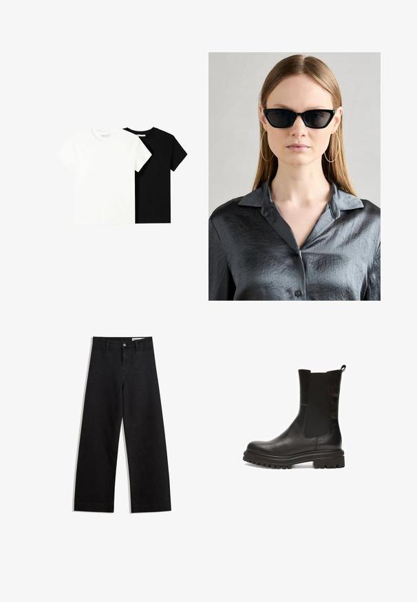 Două tricouri cu mânecă scurtă, unul alb și unul negru, fabricate din bumbac. Ambele au un guler rotund și un design simplu, clasic.; Pantaloni din denim negri cu picioare largi, cu talie înaltă, având buzunare frontale și posterioare, cusături dublate și închidere cu nasture. Textură netedă.; Bocanci negri din piele pentru gleznă, cu panouri laterale elastice, vârf rotund și o talpă groasă din cauciuc texturat, cu caneluri adânci pentru aderență.; Ochelari de soare negri cu formă de ochi de pisică și finisaj lucios, purtați cu o cămașă gri texturată cu nasturi și guler. Cerceii mari, în formă de inel, sunt vizibili.