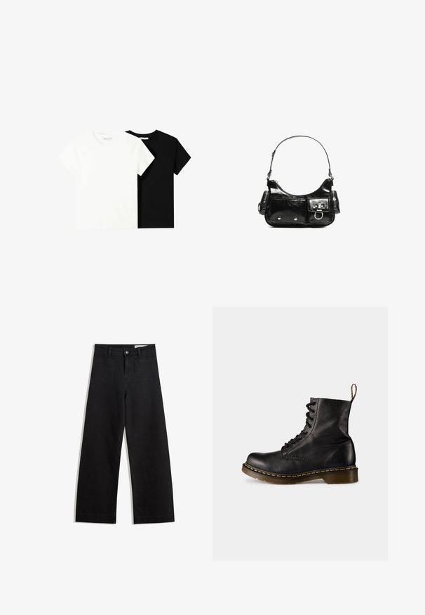 Două tricouri cu mânecă scurtă, unul alb și unul negru, fabricate din bumbac. Ambele au un guler rotund și un design simplu, clasic.; Pantaloni din denim negri cu picioare largi, cu talie înaltă, având buzunare frontale și posterioare, cusături dublate și închidere cu nasture. Textură netedă.; Botine din piele neagră, cu șireturi, cu vârful rotund, cusături galbene de-a lungul tălpii și o bucată de prindere în spate. Finisaj texturat, talpă groasă.; Geantă de mână din piele lăcuită neagră, cu o formă curbată, un umăr, buzunare frontale și accente din metal argintiu.