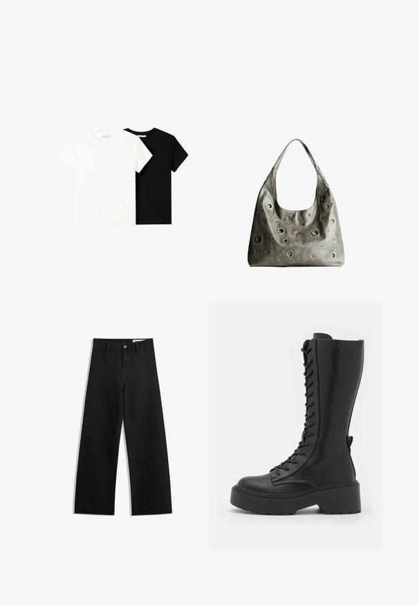 Dvě trička s krátkým rukávem, jedno bílé a jedno černé, vyrobené z bavlny. Obě mají kulatý výstřih a jednoduchý, klasický design.; Černé denimové kalhoty s volným střihem a vysokým pasem, vybavené předními a zadními kapsami, prošívanými švy a knoflíkovým zapínáním. Hladká textura.; Černé boty do půli lýtek se šněrováním a robustní platformou, hladkým koženým povrchem a zesíleným prošíváním podél švů.; Olivově zelená kožená kabelka s uvolněným designem, která má kulaté výřezy různých velikostí a akcenty v tmavších a světlejších odstínech.