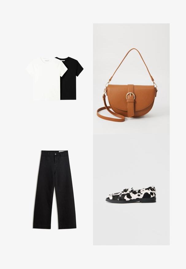 Two short-sleeve t-shirts, one white and one black, made of cotton. Both feature a round neckline and a simple, classic design.; Black wide-leg denim pants with a high waist, featuring front and back pockets, stitched seams, and a button closure. Smooth texture.; Black and white cow-print loafers with a flat rubber sole, featuring a smooth texture and rounded toe design. Adjustable strap detail on upper.; Brown leather crossbody bag with a curved shape, gold hardware, and a buckle accent. Features a detachable shoulder strap.