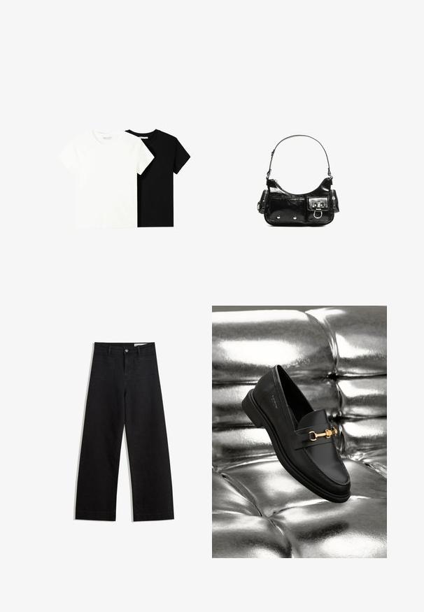 Două tricouri cu mânecă scurtă, unul alb și unul negru, fabricate din bumbac. Ambele au un guler rotund și un design simplu, clasic.; Pantaloni din denim negri cu picioare largi, cu talie înaltă, având buzunare frontale și posterioare, cusături dublate și închidere cu nasture. Textură netedă.; Pantofii din piele neagră, tip loafer, cu detalii din hard metalizat de culoare aurie. Încălțămintea are un design elegant și o textură netedă și lucioasă.; Geantă de mână din piele lăcuită neagră, cu o formă curbată, un umăr, buzunare frontale și accente din metal argintiu.