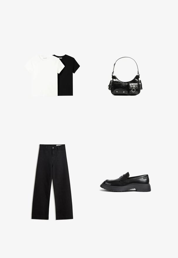 To korte ærmel t-shirts, en hvid og en sort, lavet af bomuld. Begge har en rund halsudskæring og et enkelt, klassisk design.; Sorte wide-leg denim bukser med høj talje, der har front- og baglommer, syede sømme og en knaplukning. Glat tekstur.; Sorte læder loafers med en tyk gummisål, penny-rem og rund tå, vist i sideprofil på hvid baggrund.; Sort patenteret læder håndtaske med en buet form, en skulderrem, frontlommer og hardware accenter i sølvfarve.