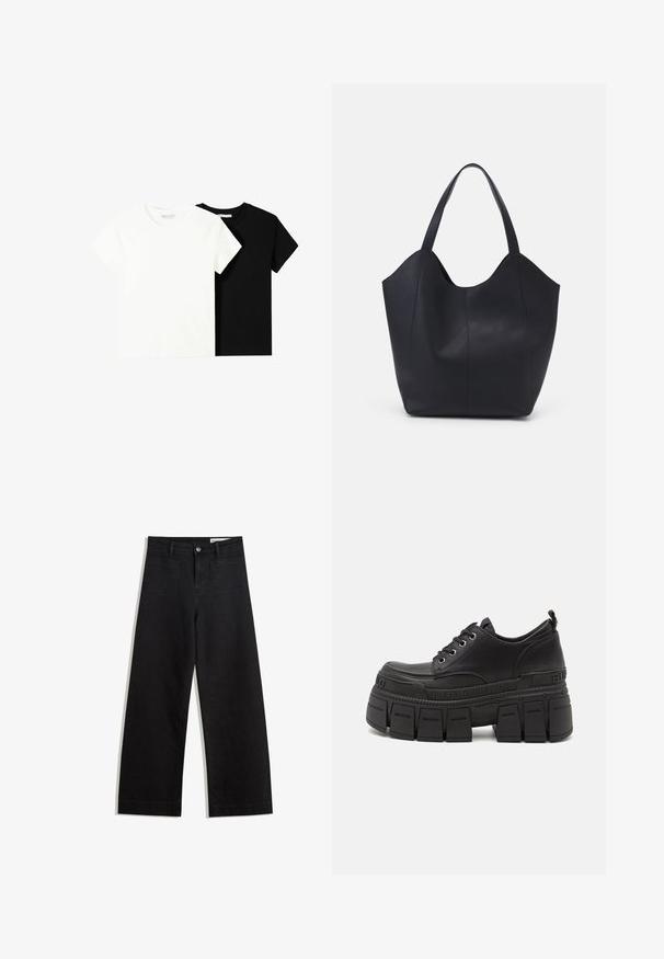 Două tricouri cu mânecă scurtă, unul alb și unul negru, fabricate din bumbac. Ambele au un guler rotund și un design simplu, clasic.; Pantaloni din denim negri cu picioare largi, cu talie înaltă, având buzunare frontale și posterioare, cusături dublate și închidere cu nasture. Textură netedă.; Pantofi sport pe platformă negri cu superior din piele netedă, închidere cu șireturi, talpă groasă din cauciuc și detaliu de branding pe lateral.; Geantă de umăr neagră, realizată din piele netedă, cu un design minimalist, având un vârf deschis curbat și două mânere pentru umăr.