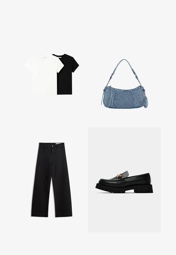 Twee t-shirts met korte mouwen, één wit en één zwart, gemaakt van katoen. Beide hebben een ronde halslijn en een eenvoudig, klassiek ontwerp.; Zwarte denim broek met wijde pijpen en een hoge taille, voorzien van voor- en achterzakken, gestikte naden en een knoopsluiting. Gladde textuur.; Zwarte leren instapper met chunky zwarte zool en gouden gespsluiting aan de voorkant. Voorzien van stiknaden langs de teen en een elegante uitstraling.; Denim handtas met een gebogen vorm, lichtblauwe kleur, verstelbare schouderriem en een kleine afneembare pouch met metallic accenten.