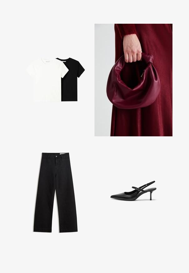 Két rövid ujjú póló, az egyik fehér, a másik fekete, pamutból készült. Mindkettő kerek nyakkivágással és egyszerű, klasszikus dizájnnal rendelkezik.; Fekete, bő szabású farmernadrág magas derékkal, elülső és hátsó zsebekkel, varrott felületekkel és gombos záródással. Sima textúra.; Fekete bőrszíjú magassarkú cipők, hegyes orral, karcsú állítható pánttal és körülbelül 5 cm-es stiletto sarokkal, sima felülettel.; Burgundi bőrtáska puhán ráncolt dizájnnal és kerek alakban. A fogantyú rögzítve van, sima textúrával rendelkezik.