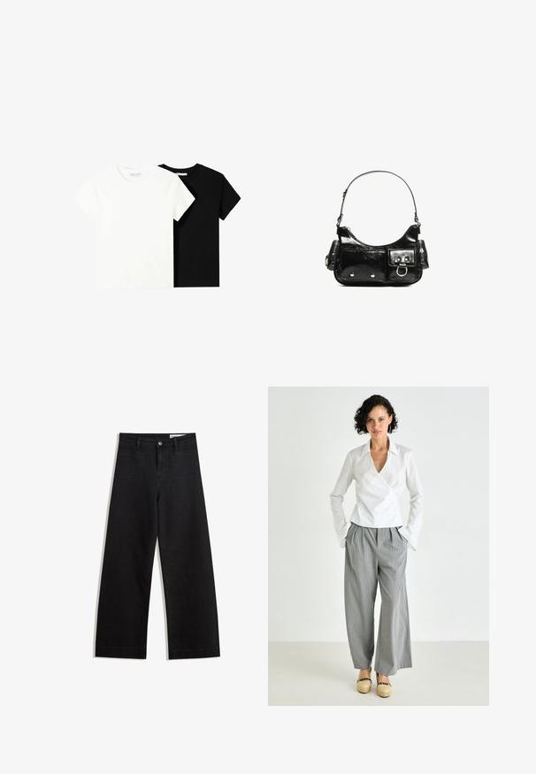 Două tricouri cu mânecă scurtă, unul alb și unul negru, fabricate din bumbac. Ambele au un guler rotund și un design simplu, clasic.; Pantaloni din denim negri cu picioare largi, cu talie înaltă, având buzunare frontale și posterioare, cusături dublate și închidere cu nasture. Textură netedă.; Bluză albă cu guler, combinată cu pantaloni largi cu dungi gri, și pantofi platform în nuanța bej. Material neted și croi lejer.; Geantă de mână din piele lăcuită neagră, cu o formă curbată, un umăr, buzunare frontale și accente din metal argintiu.
