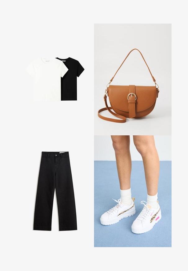 Két rövid ujjú póló, az egyik fehér, a másik fekete, pamutból készült. Mindkettő kerek nyakkivágással és egyszerű, klasszikus dizájnnal rendelkezik.; Fekete, bő szabású farmernadrág magas derékkal, elülső és hátsó zsebekkel, varrott felületekkel és gombos záródással. Sima textúra.; Puma MAYZE - Sportcipő - white/granola; Barna bőr keresztbody táska ívelt formával, aranyszínű fémrészekkel és csat díszítéssel. Levehető vállpánttal rendelkezik.