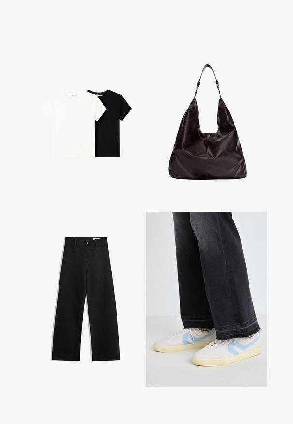 Două tricouri cu mânecă scurtă, unul alb și unul negru, fabricate din bumbac. Ambele au un guler rotund și un design simplu, clasic.; Pantaloni din denim negri cu picioare largi, cu talie înaltă, având buzunare frontale și posterioare, cusături dublate și închidere cu nasture. Textură netedă.; Sneakers albe cu accente bleu deschis, din suede texturat și talpă din cauciuc, asortați cu blugi negri rupți cu un design cu picior larg.; Geantă de umăr din piele maro închis, cu o formă relaxată, deschidere largă și un singur umăr. Prezintă accente subtile de cusătură.