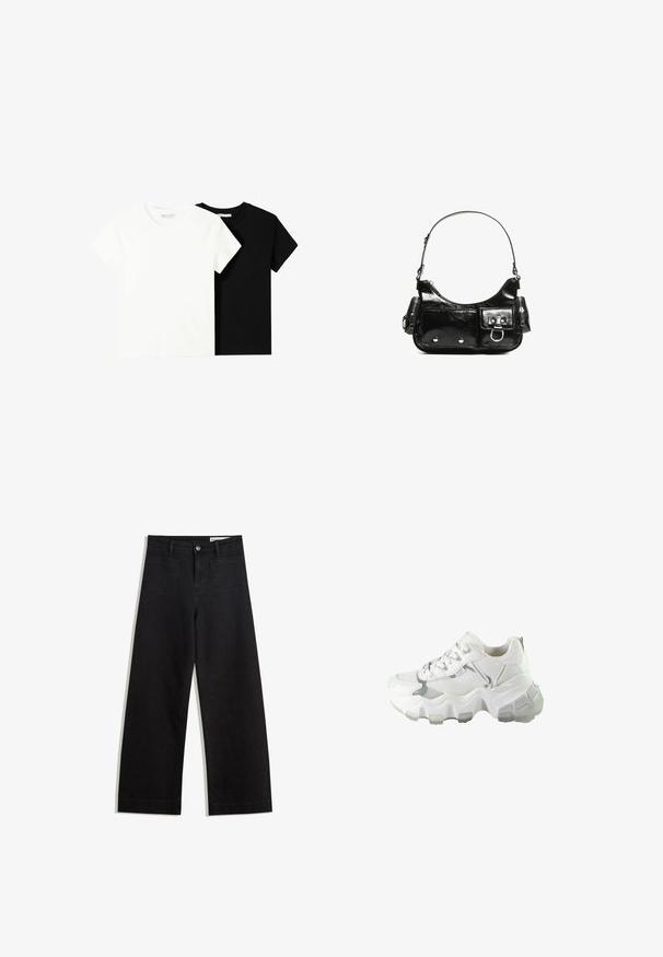 Twee t-shirts met korte mouwen, één wit en één zwart, gemaakt van katoen. Beide hebben een ronde halslijn en een eenvoudig, klassiek ontwerp.; Zwarte denim broek met wijde pijpen en een hoge taille, voorzien van voor- en achterzakken, gestikte naden en een knoopsluiting. Gladde textuur.; Witte sportschoen met een bovenwerk van mesh, een dikke, zachte zool en reflecterende accenten. Ontworpen met een ronde neus en veters.; Zwarte laarzen in lakleer met een gebogen vorm, één schouderband, voorvakken en accenten in zilverkleurig metaal.