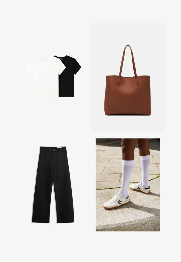 Dva kratka rukava majice, jedna bijela i jedna crna, izrađene od pamuka. Obje imaju okrugli izrez i jednostavan, klasičan dizajn.; Crne široke traperice s visokim strukom, s prednjim i stražnjim džepovima, šivenim šavovima i kopčanjem na gumb. Glatka tekstura.; Bijele atletske cipele s teksturiranom površinom, crnim akcentima i smešnim gumenim đonom, uparene s bijelim čarapama do koljena.; Smeđa kožna torba preko ramena s glatkom teksturom, otvorenim vrhom i dvjema naramenicama. Ima minimalne šavove i nema vidljivog hardvera.