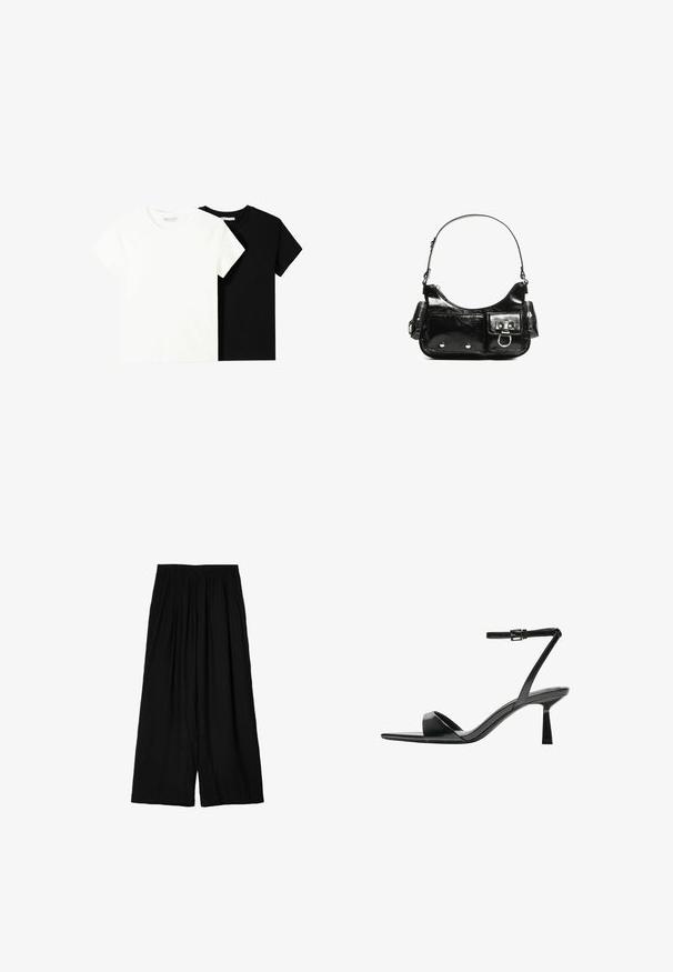 Dwa t-shirty z krótkim rękawem, jeden biały i jeden czarny, wykonane z bawełny. Oba mają okrągły dekolt i prosty, klasyczny design.; Czarne szerokie spodnie wykonane z lekkiego materiału, z elastycznym pasem i miękką, marszczoną strukturą. Długość do podłogi.; Bershka - Sandały na obcasie; Czarna torebka z lakierowanej skóry o zaokrąglonym kształcie, z jednym paskiem na ramię, przednimi kieszeniami i akcentami w kolorze srebrnym.
