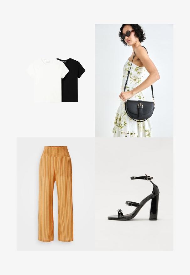 Dve tričko s krátkym rukávom, jedno biele a jedno čierne, vyrobené z bavlny. Obe majú okrúhly výstrih a jednoduchý, klasický dizajn.; Široké nohavice v jasnej oranžovej farbe s vertikálnymi bielymi pruhmi. Majú elastický pás a ľahkú, textúrovanú tkaninu.; Čierne lakované sandále na podpätku so štvorcovou špičkou, navlečenými remienkami okolo členku a striebornými prackami. Disponujú masívnym blokovým podpätkom pre stabilitu.; Čierna kožená kabelka s zaobleným tvarom, odnímateľným popruhom a zlatými doplnkami. Kabelka má klopu s detailom s prackou.
