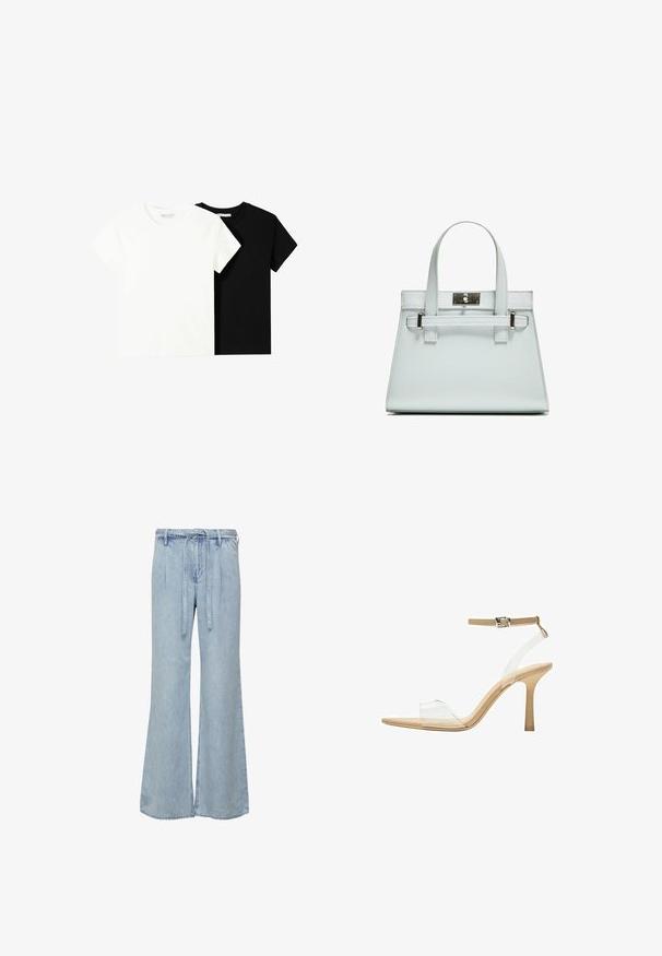 Twee t-shirts met korte mouwen, één wit en één zwart, gemaakt van katoen. Beide hebben een ronde halslijn en een eenvoudig, klassiek ontwerp.; Lichtblauwe wijde jeans gemaakt van denim. Voorzien van een tailleband met trekkoord en een ontspannen fit met subtiele vervaging en stikseldetails.; Heldere sandaal met een doorzichtige bovenkant, beige voetbed en een slanke enkelriem. Voorzien van een spitse neus en een dunne hoge hak.; Lichtblauwe handtas met gestructureerd ontwerp, twee handvatten en een zilverkleurige slot. Getextureerd materiaal en scherpe hoeken.