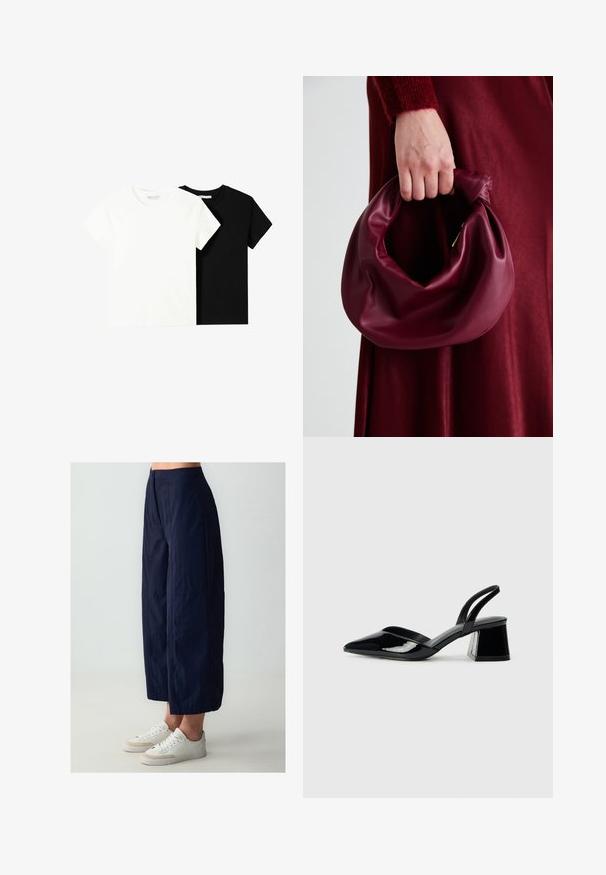 Twee t-shirts met korte mouwen, één wit en één zwart, gemaakt van katoen. Beide hebben een ronde halslijn en een eenvoudig, klassiek ontwerp.; Navy wijde broek van lichtgewicht stof, met een hoge taille en een sluiting met knopen aan de voorkant. Gecombineerd met witte sneakers.; Zwarte gepatineerde leren slingback hakken met een spitse neus en een geometrische blokhak. Kenmerkt zich door een slank, minimalistisch ontwerp en een gladde textuur.; Bordeaux leren handtas met een zacht, gegathered ontwerp en een ronde vorm. De handgreep is stevig bevestigd en toont een gladde textuur.
