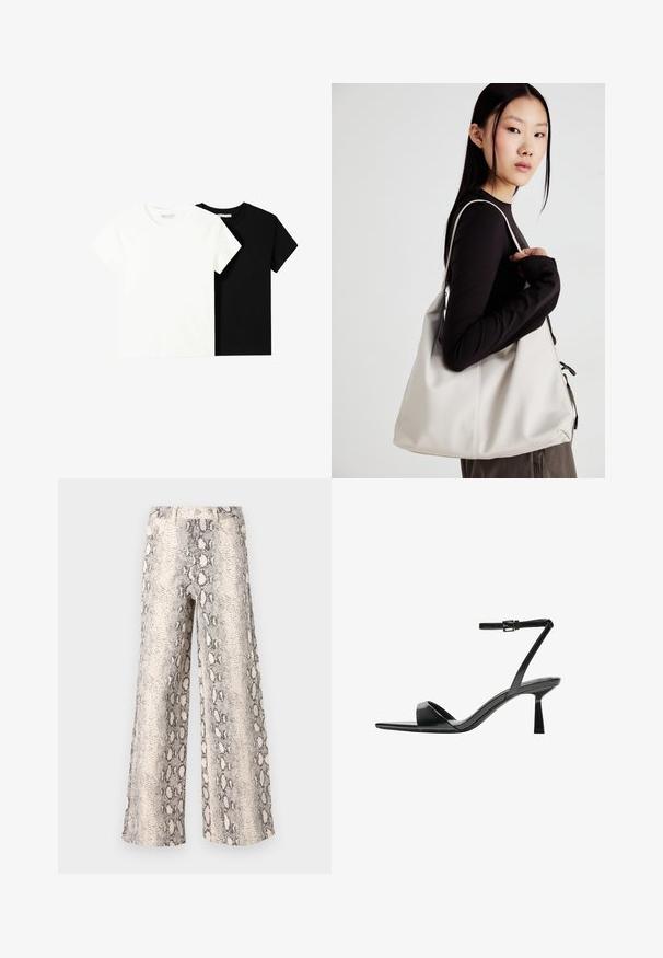 Dvě trička s krátkým rukávem, jedno bílé a jedno černé, vyrobené z bavlny. Obě mají kulatý výstřih a jednoduchý, klasický design.; Široké kalhoty v hadím potisku, v krémově šedé barevné paletě, vyrobené z texturované látky s vysokým pasem.; Bershka Sandály na vysokém podpatku - black; Beige kabelka vyrobená z měkkého materiálu, s volným designem, prošívanými detaily a dvěma ramenními popruhy. Vhodná pro každodenní použití.