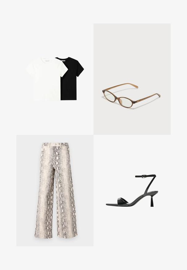 Zwei kurzärmelige T-Shirts, eines weiß und eines schwarz, aus Baumwolle. Beide haben einen runden Halsausschnitt und ein einfaches, klassisches Design.; Hosen mit weitem Bein im Schlangenprint-Muster, in einer Farbkombination aus Creme und Grau, aus strukturiertem Stoff mit einem hoch taillierten Design.; Bershka High Heel Sandalette - black; Braune Schildpatt-Brille mit ovalen Gläsern, dünnen Bügeln und transparenten Akzenten. Verfügt über ein dezentes Logo am Bügel. Elegantes, leichtes Design.; Schwarze Lackleder-Handtasche mit geschwungenem Design, einem Schulterriemen, Vordertaschen und silberfarbenen Hardware-Akzenten.