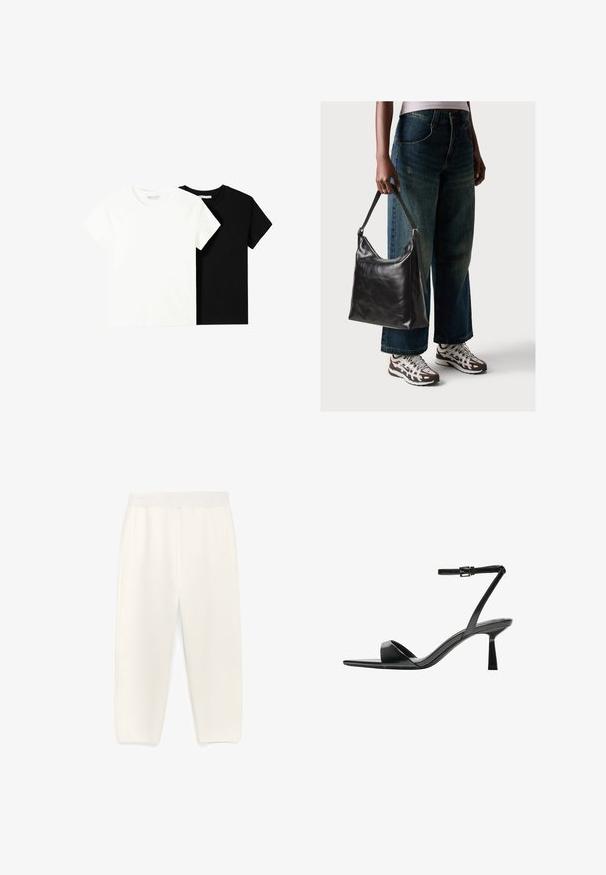 Due magliette a maniche corte, una bianca e una nera, realizzate in cotone. Entrambe presentano un colletto rotondo e un design semplice e classico.; Pantaloni bianchi a gamba larga realizzati in un tessuto morbido. Presentano una vita morbida e tasche laterali, con un design pulito e minimalista.; Bershka Sandali con tacco - black; Borsa a tracolla nera in pelle con una texture liscia e tracolla regolabile, abbinata a jeans ampi sbiaditi e sneakers sportive.