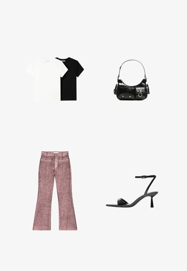 Zwei kurzärmelige T-Shirts, eines weiß und eines schwarz, aus Baumwolle. Beide haben einen runden Halsausschnitt und ein einfaches, klassisches Design.; Rosa ausgestellte Jeans mit einem verblichenen Textur, ausgestattet mit zwei Vordertaschen, einem Reißverschluss vorn und Kontrastnähten entlang der Nähte.; Bershka High Heel Sandalette - black; Schwarze Lackleder-Handtasche mit geschwungenem Design, einem Schulterriemen, Vordertaschen und silberfarbenen Hardware-Akzenten.