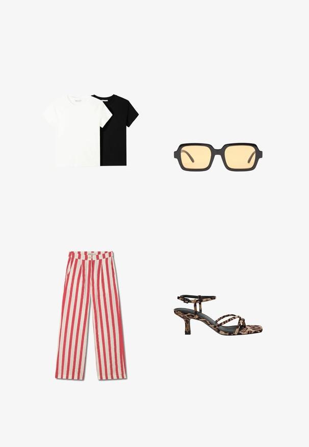Twee t-shirts met korte mouwen, één wit en één zwart, gemaakt van katoen. Beide hebben een ronde halslijn en een eenvoudig, klassiek ontwerp.; Rood-witte gestreepte wijde broek met een knoopsluiting, plooien en zijzakken. Gemaakt van een lichtgewicht stof.; Luipaardprint hakken met een vierkante neus, meerdere bandjes en een middelhoge hak. Gemaakt van zacht textielmateriaal.; Zwarte rechthoekige zonnebril met gele glazen, een lichtgewicht montuur en opvallende rechte randen op de temples. Gladde, glanzende afwerking.; Call it Spring SAWYERR - Handtas - tan