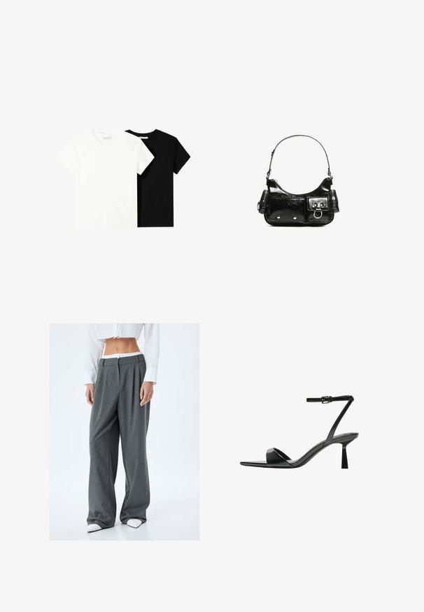 Due magliette a maniche corte, una bianca e una nera, realizzate in cotone. Entrambe presentano un colletto rotondo e un design semplice e classico.; Koton Pantaloni - grey; Bershka Sandali con tacco - black; Borsa a spalla in vernice nera con forma curvata, una tracolla, tasche frontali e dettagli in metallo argentato.