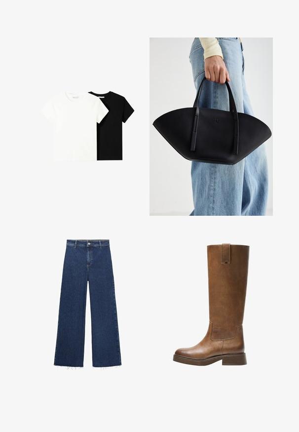 Two short-sleeve t-shirts, one white and one black, made of cotton. Both feature a round neckline and a simple, classic design.; Dark blue wide-leg jeans made from denim, featuring a high waist, button closure, and frayed hem at the bottom. Smooth texture.; Brown leather knee-high boot with a rounded toe, textured surface, and a stacked low heel. Features a side panel and pull tab at the top.; Black leather handbag with a unique fan shape, featuring flat handles. The surface has a pebbled texture and a minimalistic design.