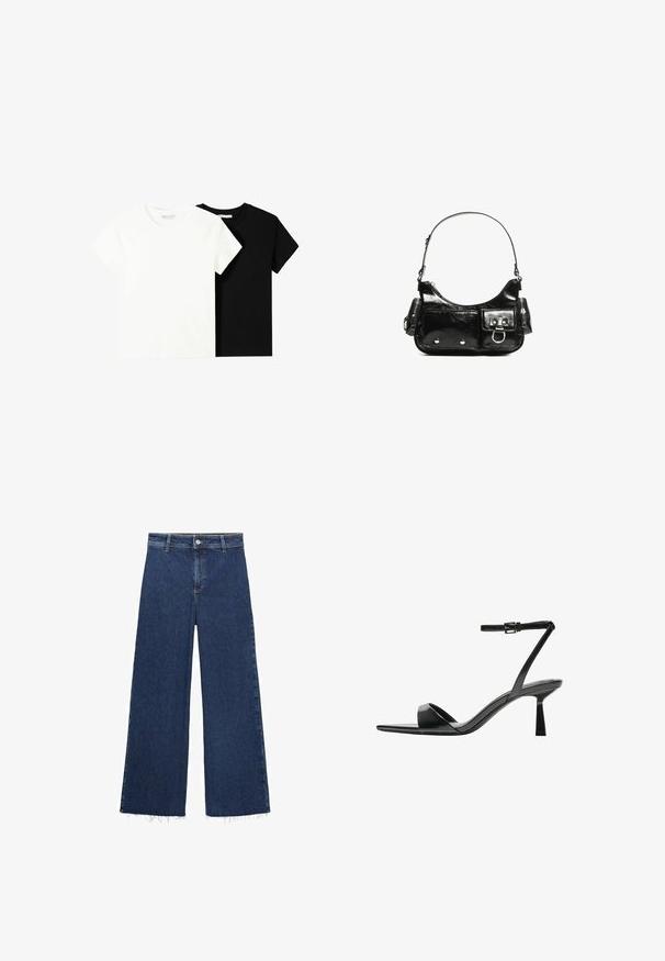 Două tricouri cu mânecă scurtă, unul alb și unul negru, fabricate din bumbac. Ambele au un guler rotund și un design simplu, clasic.; Jeans largi de culoare albastră închisă, realizati din denim, având talie înaltă, închidere cu nasture și margine desfăcută la bază. Textură netedă.; Bershka Sandale cu toc - black; Geantă de mână din piele lăcuită neagră, cu o formă curbată, un umăr, buzunare frontale și accente din metal argintiu.