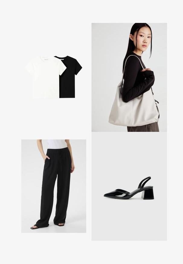 Două tricouri cu mânecă scurtă, unul alb și unul negru, fabricate din bumbac. Ambele au un guler rotund și un design simplu, clasic.; Pantaloni negri, lejeri, confecționați dintr-un material moale, cu un brâu elastic, șnur ajustabil și buzunare laterale. Design cu picioare evazate.; Pantofi cu toc slingback din piele lacuită neagră, cu vârf ascuțit și toc geometric. Prezintă un design elegant, minimalist și o textură netedă.; Geantă bej din material moale, cu un design lejer, detalii cusute și două bretele pentru umăr. Potrivită pentru utilizarea zilnică.