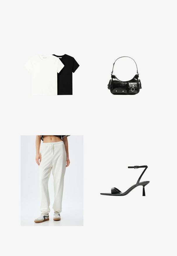 To korte ærmel t-shirts, en hvid og en sort, lavet af bomuld. Begge har en rund halsudskæring og et enkelt, klassisk design.; Hvide, løstsiddende sweatpants med elastisk talje og ankler, lavet af et blødt stof. Parret med hvide og grå sneakers.; Bershka Højhælede sandaletter / Højhælede sandaler - black; Sort patenteret læder håndtaske med en buet form, en skulderrem, frontlommer og hardware accenter i sølvfarve.