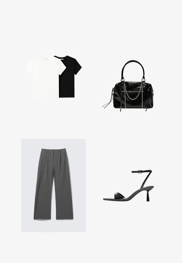 Două tricouri cu mânecă scurtă, unul alb și unul negru, fabricate din bumbac. Ambele au un guler rotund și un design simplu, clasic.; Pantaloni largi, gri, cu dungi subțiri, cu plii frontale și bucle pentru curea, întinși pe un fundal alb.; Bershka Sandale cu toc - black; Bershka WITH CHAIN - Geantă de mână - black