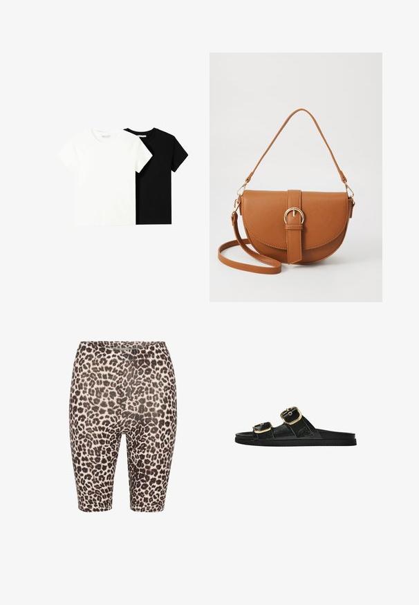 Zwei kurzärmelige T-Shirts, eines weiß und eines schwarz, aus Baumwolle. Beide haben einen runden Halsausschnitt und ein einfaches, klassisches Design.; Leopardenmuster-Radsportshorts mit einem schwarz-beigen Farbschema, elastischem Bund und glatter Textur. Mittlere Oberschenkellänge mit figurnaher Passform.; Schwarze Riemensandale mit zwei goldenen Schnallendetails, glattem Material, flachem Sohlen und minimalistischer Gestaltung.; Braune Leder-Crossbody-Tasche mit geschwungener Form, goldfarbenen Beschlägen und einer Schnallenakzentuierung. Verfügt über einen abnehmbaren Schultergurt.