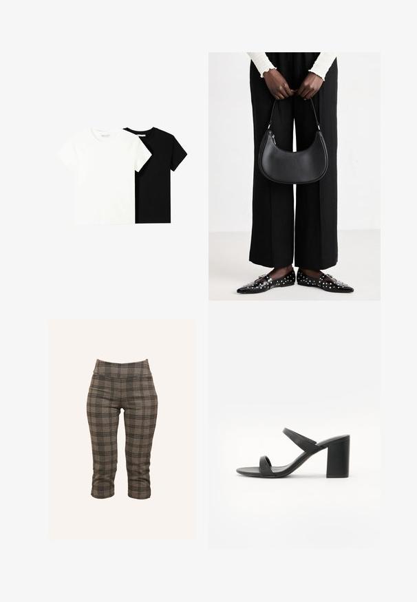 Dve majice s kratkimi rokavi, ena bela in ena črna, izdelani iz bombaža. Obe imata okrogel izrez in preprost, klasičen dizajn.; Sive kariraste hlače do kolen z raztegljivim pasom, prilegajočim krojem in teksturirano tkanino z črnimi in svetlejšimi sivo-zelenimi poudarki.; Črne visokodebelne sandale z dvema elegantnima trakoma, širokim blokastim petami in gladkim mat zaključkom, zasnovane za udobje in stabilnost.; Črna usnjena torba za ramo z zaokroženo obliko, sijajno površino in srebrnimi dodatki. Oseba nosi črne široke hlače in loaferje s konicami.