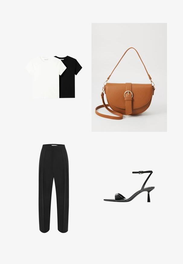 To korte ærmel t-shirts, en hvid og en sort, lavet af bomuld. Begge har en rund halsudskæring og et enkelt, klassisk design.; Sorte brede bukser med høj talje, der har en glat tekstur og to frontfolder. Designet med en ren, skræddersyet form.; Bershka Højhælede sandaletter / Højhælede sandaler - black; Brun læder crossbody taske med en buet form, guldfarvet hardware og en spændeaccent. Har en aftagelig skulderrem.