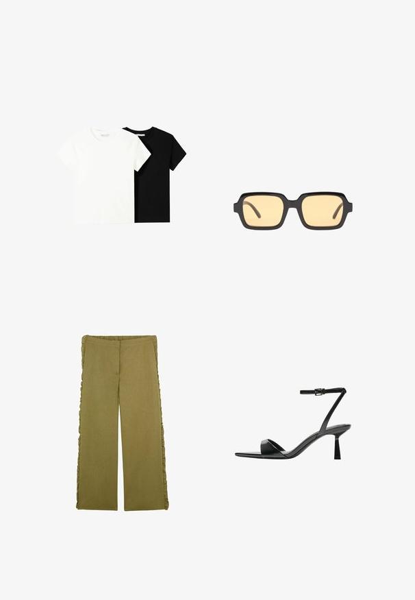 Zwei kurzärmelige T-Shirts, eines weiß und eines schwarz, aus Baumwolle. Beide haben einen runden Halsausschnitt und ein einfaches, klassisches Design.; Olivegrüne, weit geschnittene Hosen aus einem strukturierten Stoff, mit gerafften seitlichen Akzenten und einem elastischen Bund für zusätzlichen Komfort.; Bershka High Heel Sandalette - black; Schwarze rechteckige Sonnenbrillen mit gelben Gläsern, leichtem Rahmen und charakteristischen stumpfen Kanten an den Bügeln. Glatte, glänzende Oberfläche.