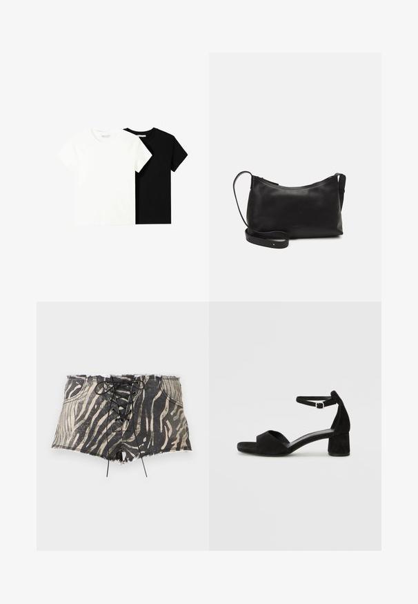 Două tricouri cu mânecă scurtă, unul alb și unul negru, fabricate din bumbac. Ambele au un guler rotund și un design simplu, clasic.; Șorturi din denim cu un imprimeu zebra în culori negre și bej, având un sistem de prindere cu șnur în față, margini desfăcute și buzunare pe fiecare parte.; Sandale cu toc din suede negru, cu o curea subțire la gleznă, design cu vârful deschis și un toc modest de tip bloc. Textură netedă și accente minime.; Geantă de umăr din piele neagră, cu o textură netedă, formă curbată, curea ajustabilă și închidere cu fermoar. Design minimalist, fără embellishments.