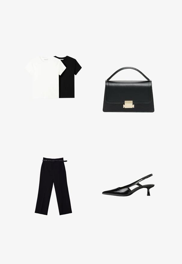 Dvě trička s krátkým rukávem, jedno bílé a jedno černé, vyrobené z bavlny. Obě mají kulatý výstřih a jednoduchý, klasický design.; Černé kalhoty s širokými nohavicemi a hladkým povrchem. Mají dobře padnoucí pas, poutka na opasek a přední kapsy.; Černé lakované lodičky na podpatku se špičatou špičkou, výřezovým designem na boku a malým čtvercovým podpatkem. Hladká textura s minimálními akcenty.; Černá kožená kabelka se strukturovaným designem, horním uchopením a zlatým kovovým zapínáním na přední straně. Hladký povrch, minimální švy.