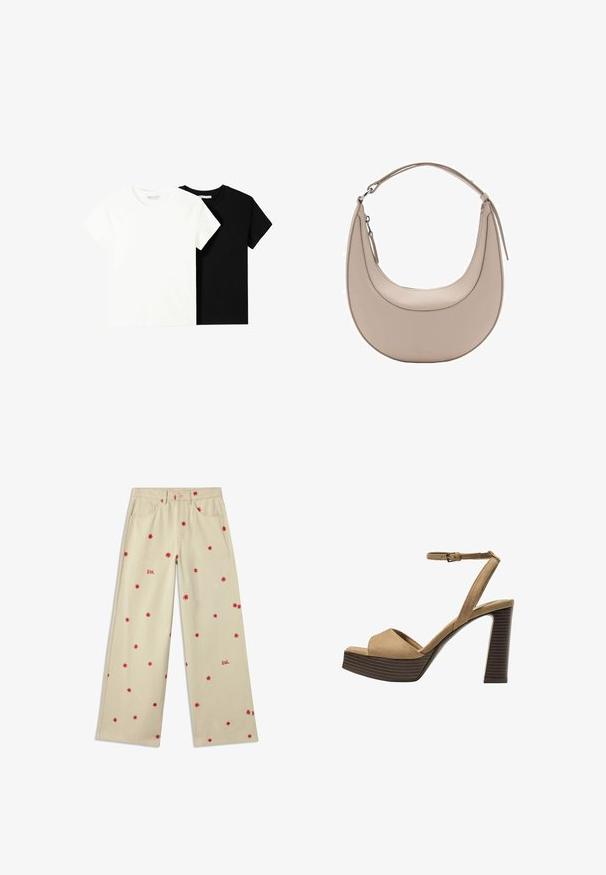 Zwei kurzärmelige T-Shirts, eines weiß und eines schwarz, aus Baumwolle. Beide haben einen runden Halsausschnitt und ein einfaches, klassisches Design.; Beige weit geschnittene Hose aus Baumwolle mit roter Blumenstickerei und dem Wort "SOL" in Rot. Verfügt über Fronttaschen und einen Knopfverschluss.; Beige Wildleder-Pumps mit hohem Absatz, breitem Vorderband und Knöchelriemen, ausgestattet mit einem klobigen Holzblockabsatz mit strukturiertem Finish.; Beige Leder Schultertasche in Halbmondform, mit glatter Oberfläche und einem geschwungenen Henkel. Verfügt über einen Reißverschluss und saubere Nähte.