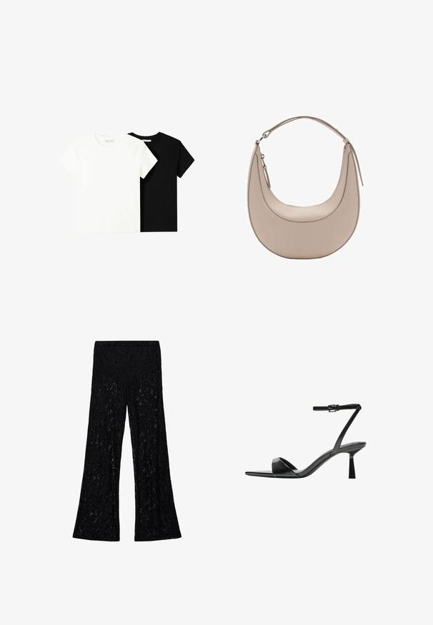 Twee t-shirts met korte mouwen, één wit en één zwart, gemaakt van katoen. Beide hebben een ronde halslijn en een eenvoudig, klassiek ontwerp.; Mango Broek - black; Bershka Sandalen met hoge hak - black; Beige leren schoudertas met een halve maanvorm, een soepele textuur en een enkele gebogen handgreep. Voorzien van een ritssluiting en nette stiksels.