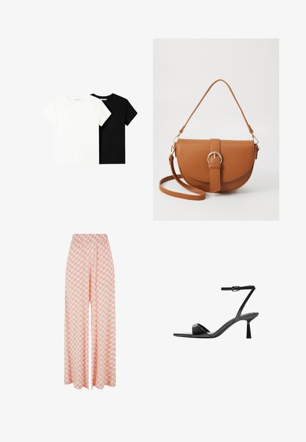 Zwei kurzärmelige T-Shirts, eines weiß und eines schwarz, aus Baumwolle. Beide haben einen runden Halsausschnitt und ein einfaches, klassisches Design.; Helle rosa weit geschnittene Hosen mit einem karierter Muster in wechselnden Farbtönen, ausgestattet mit einem elastischen Bund für angenehmen Tragekomfort.; Bershka High Heel Sandalette - black; Braune Leder-Crossbody-Tasche mit geschwungener Form, goldfarbenen Beschlägen und einer Schnallenakzentuierung. Verfügt über einen abnehmbaren Schultergurt.