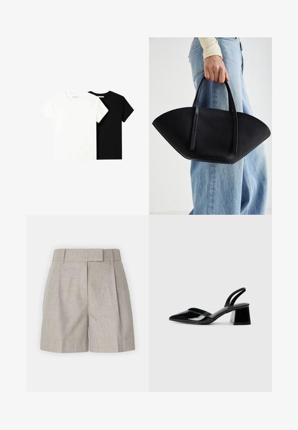 Dvě trička s krátkým rukávem, jedno bílé a jedno černé, vyrobené z bavlny. Obě mají kulatý výstřih a jednoduchý, klasický design.; Světlé šedé šortky s výrazným pasem, záhyby a uvolněným střihem z hladkého lněného materiálu. Jednoduchý a univerzální design.; Černé lakované kožené lodičky na pásku s špičatou špičkou a geometrickým blokovým podpatkem. Vyznačují se elegantním, minimalistickým designem a hladkým povrchem.; Černá kožená kabelka s jedinečným tvarováním ve tvaru vějíře, vybavená plochými uchy. Povrch má jemně zrnitou texturu a minimalistický design.