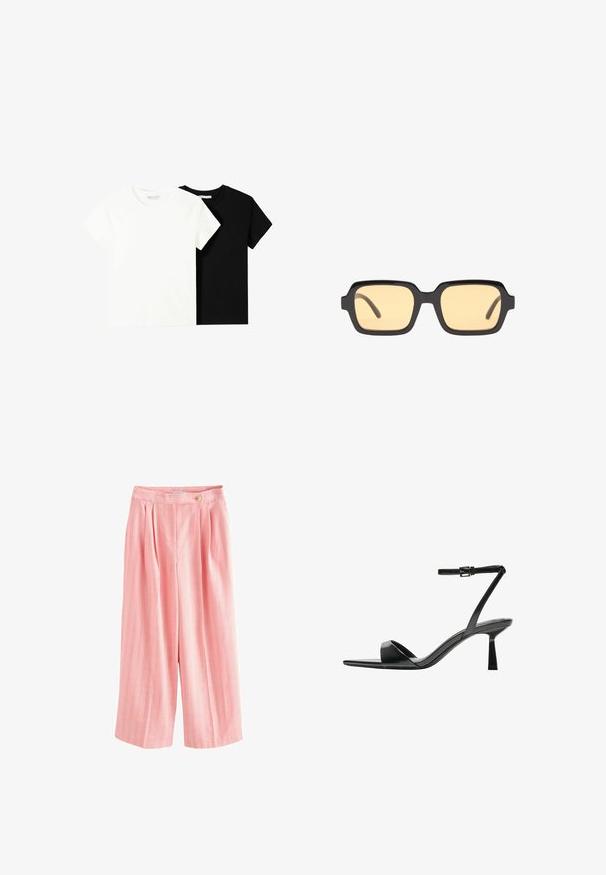 Dve tričko s krátkym rukávom, jedno biele a jedno čierne, vyrobené z bavlny. Obe majú okrúhly výstrih a jednoduchý, klasický dizajn.; Ružové nohavice so širokými nohavicami, ktoré majú vertikálne prúžky v žltej a bielej farbe, s pukmi a gombíkovým zapínaním v páse. Mäkka, štruktúrovaná tkanina.; Bershka Sandále na vysokom opätku - black; Čierne obdĺžnikové slnečné okuliare so žltými sklami, ľahký rám a charakteristické tupé okraje na stranách. Hladký, lesklý povrch.; Čierna laková kožená kabelka s ohnutým tvarom, jedným ramenným popruhom, prednými vreckami a striebornými kovovými doplnkami.