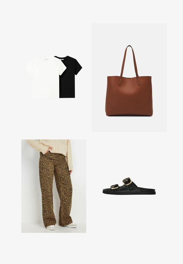 Due magliette a maniche corte, una bianca e una nera, realizzate in cotone. Entrambe presentano un colletto rotondo e un design semplice e classico.; Pantaloni a gamba larga con una fantasia leopardata, caratterizzati da uno sfondo marrone e macchie nere; abbinati a un maglione crema tessurizzato e scarpe di colore chiaro.; Infradito neri con due accenti di fibbia dorata, materiale dalla texture liscia, suola piatta e design minimalista.; Borsa tote in pelle marrone con texture liscia, design con apertura superiore e due spallacci. Presenta cuciture minime e nessun hardware visibile.