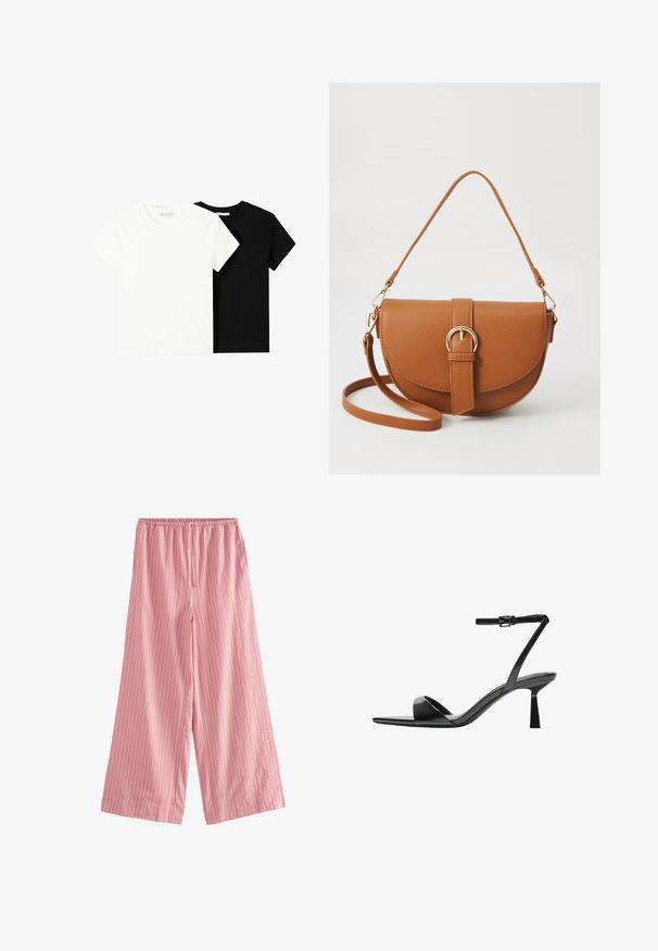 Zwei kurzärmelige T-Shirts, eines weiß und eines schwarz, aus Baumwolle. Beide haben einen runden Halsausschnitt und ein einfaches, klassisches Design.; Next TEXTURED STRIPE WIDE LEG - Stoffhose - pink; Bershka High Heel Sandalette - black; Braune Leder-Crossbody-Tasche mit geschwungener Form, goldfarbenen Beschlägen und einer Schnallenakzentuierung. Verfügt über einen abnehmbaren Schultergurt.