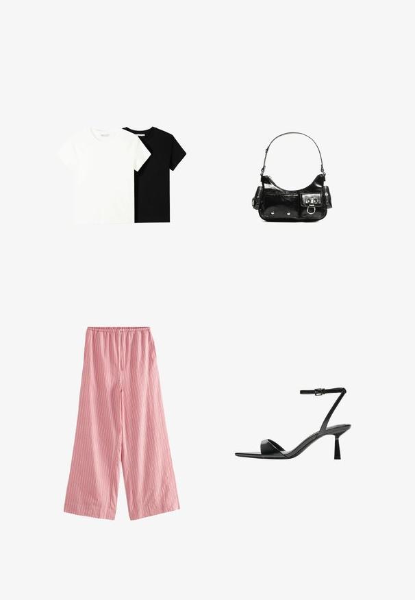 Dve tričko s krátkym rukávom, jedno biele a jedno čierne, vyrobené z bavlny. Obe majú okrúhly výstrih a jednoduchý, klasický dizajn.; Next TEXTURED STRIPE WIDE LEG - Nohavice - pink; Bershka Sandále na vysokom opätku - black; Čierna laková kožená kabelka s ohnutým tvarom, jedným ramenným popruhom, prednými vreckami a striebornými kovovými doplnkami.