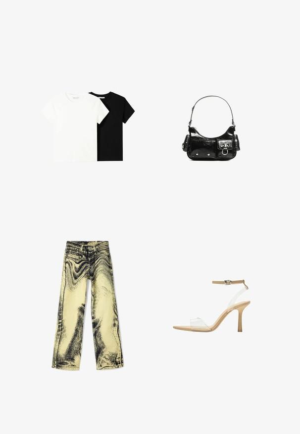 Kaksi lyhythihaista t-paitaa, yksi valkoinen ja yksi musta, valmistettu puuvillasta. Molemmissa on pyöreä kaula-aukko ja yksinkertainen, klassinen muotoilu.; Laakarihousut keltaisesta denimistä mustalla graafisella printillä. Varustettu viidellä taskulla, tavallisella vyötäröllä ja näkyvällä ompelulla saumoissa.; Kirkas korkokenkä läpinäkyvällä varrella, beigellä pohjalla ja hoikalla nilkkahihnalla. Ominaisuuksiin kuuluu terävä kärki ja ohut korkea korko.; Mustekko mustasta kiiltonahasta valmistettu käsilaukku, jossa on kaareva muoto, yksi olkahihna, etutaskut ja hopeanväriset yksityiskohdat.