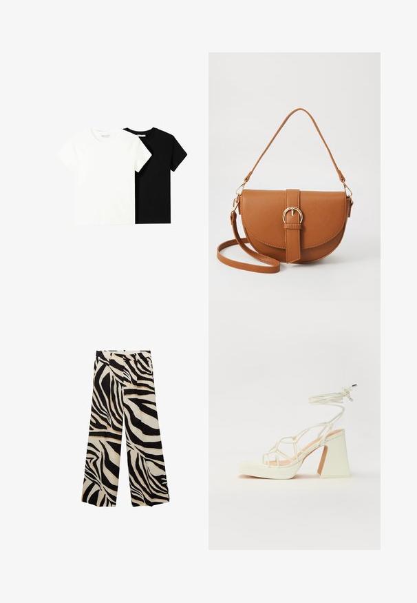 Două tricouri cu mânecă scurtă, unul alb și unul negru, fabricate din bumbac. Ambele au un guler rotund și un design simplu, clasic.; Pantaloni largi cu imprimeu zebra alb-negru, dotati cu plissuri, având o textură netedă și o talie înaltă pentru confort.; Sandale albe cu toc înalt și gros, cu un design cu curele și legătură la gleznă. Textură netedă, cu o platformă frontală pentru înălțime suplimentară.; Geantă din piele maro, tip crossbody, cu o formă curbată, accesorii aurii și un accent cu cataramă. Dispune de un curea de umăr detașabilă.