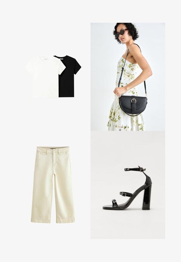Două tricouri cu mânecă scurtă, unul alb și unul negru, fabricate din bumbac. Ambele au un guler rotund și un design simplu, clasic.; Pantaloni cropped de culoare crem, din denim, cu o finisare ușor texturată. Prezintă un talie standard, cu închidere prin două butoane și cinci buzunare.; Sandale cu toc din patent negru, cu vârf pătrat, curele la gleznă și catarame din argint. Dispune de un toc gros pentru stabilitate.; Geantă din piele neagră, cu o formă curbată, curea detașabilă și accesorii aurii. Geanta are un capac cu un detaliu tip cataramă.