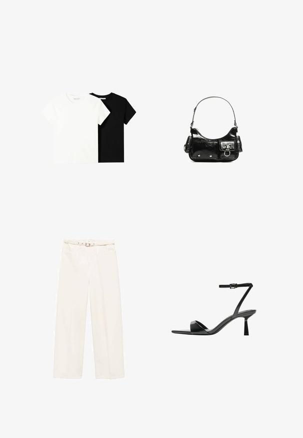 Twee t-shirts met korte mouwen, één wit en één zwart, gemaakt van katoen. Beide hebben een ronde halslijn en een eenvoudig, klassiek ontwerp.; Brede witte katoenen broeken met een ceintuur in de taille, twee voorkwakken en een zachte textuur. Heeft een schone, minimale uitstraling.; Bershka Sandalen met hoge hak - black; Zwarte laarzen in lakleer met een gebogen vorm, één schouderband, voorvakken en accenten in zilverkleurig metaal.