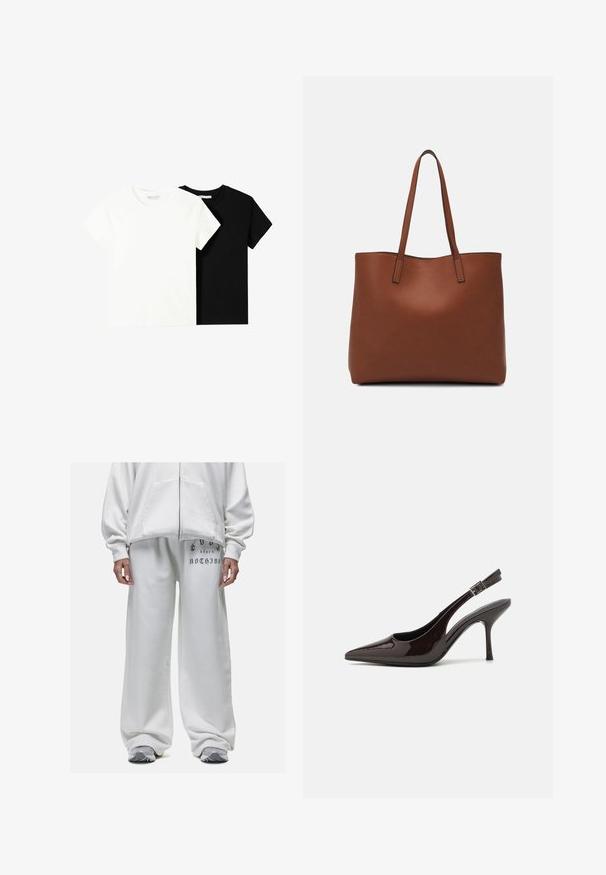 Twee t-shirts met korte mouwen, één wit en één zwart, gemaakt van katoen. Beide hebben een ronde halslijn en een eenvoudig, klassiek ontwerp.; Witte hoodie met een rits aan de voorkant en kangoeroezakken, gecombineerd met witte sweatpants met een gedrukt tekstdetail op de linker bovenbeen.; Slingback hoge hak schoen in glanzend donkerbruin patentleer, puntige neus, open zijkanten en verstelbare enkelband.; Bruine leren tote bag met een gladde textuur, een ontwerp met een open bovenkant en twee schouderbanden. Kenmerkt zich door minimale stiksels en geen zichtbare hardware.