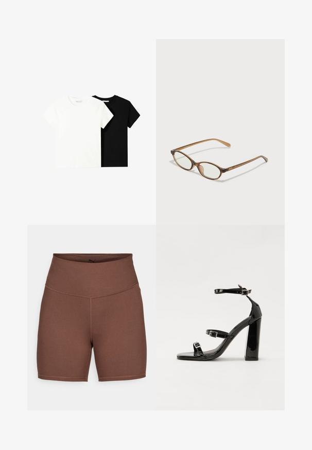 Twee t-shirts met korte mouwen, één wit en één zwart, gemaakt van katoen. Beide hebben een ronde halslijn en een eenvoudig, klassiek ontwerp.; Puma TRAIN SHORT - Tights - espresso brown; Zwarte gepatenteerde sandalen met hak en een vierkante neus, enkelbandjes en zilveren gespen. Heeft een stevige blokhak voor stabiliteit.; Bruine schildpadbril met ovale lenzen, dunne armen en transparante accenten. Heeft een subtiele logo op de tempel. Strak, lichtgewicht ontwerp.
